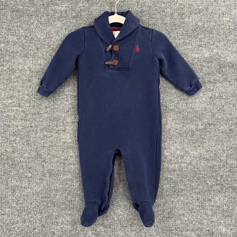 Ralph Lauren Baby One Piece Romper Size 9 Months Navy Shawl Collar Elbow Patches